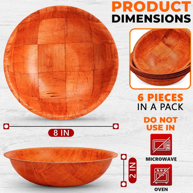 Reluen 6 Pack Wooden Salad Bowls - 8"Wx2"H Holiday Wooden Salad Bowl Set for Pasta, Fruit, or Side Dishes, Glossy and Easy to Clean Surface, for Party Dinners, Weddings, Great Valentines Day Gifts for Hosts - Image 2
